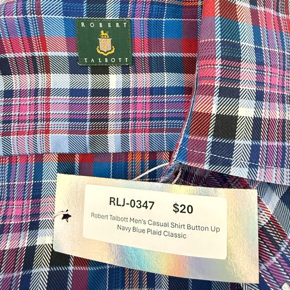 Robert Talbott Men's Casual Shirt Button Up Navy Blue Plaid Classic - Picture 4 of 8